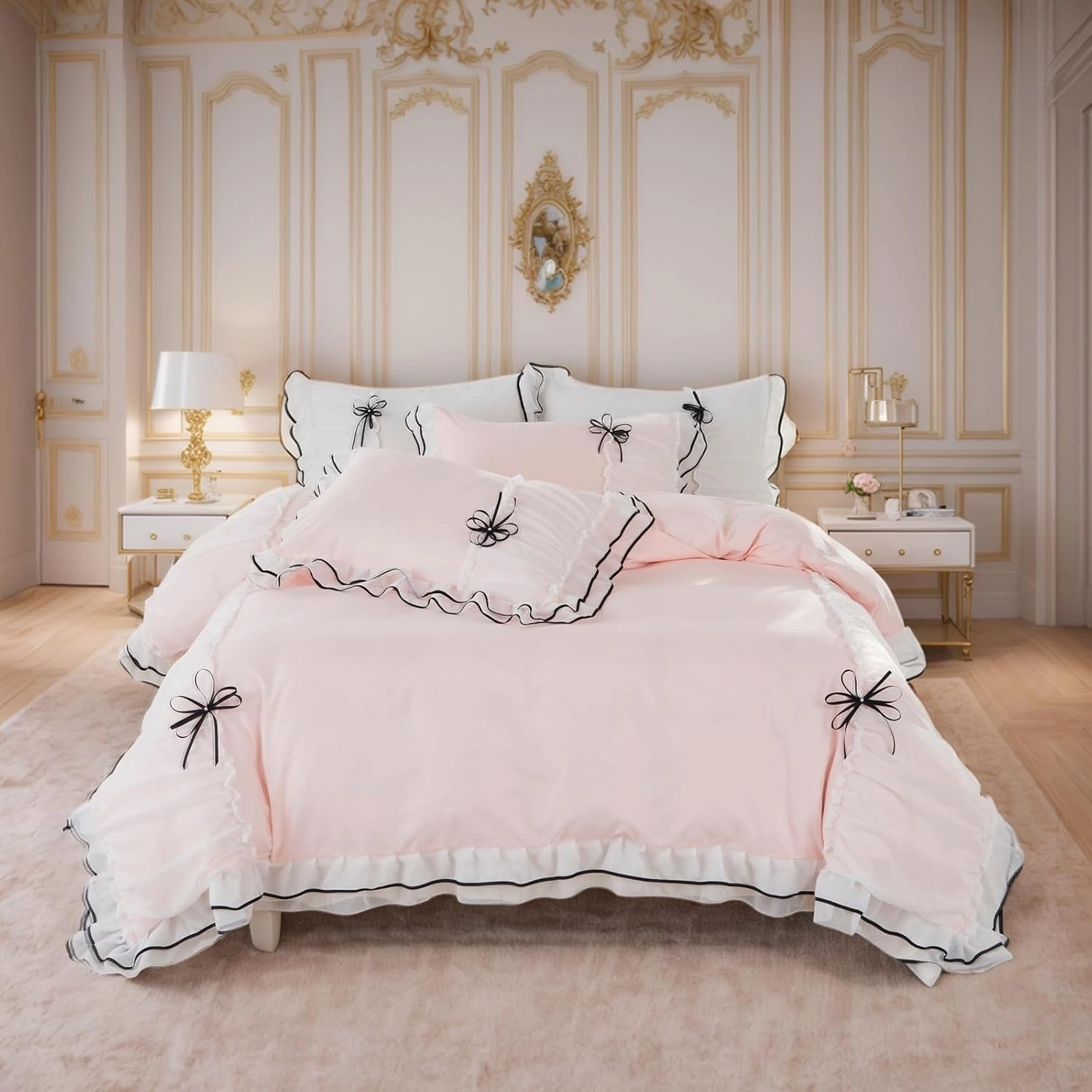 Duvet Cover Set Ruffle Lace Beddding Set with Bowtie 3 Pieces Comforter Cover Set with Zipper Closure, Girl Bedding French Country with 2 Pillowcase - Light Pink, Full