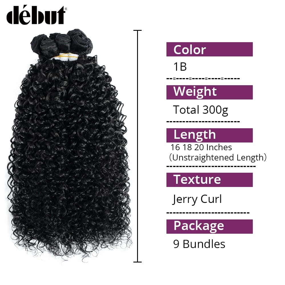 DÉBUT Jerry Curl Synthetic Hair 9 Bundles 1B 16 18 20 Inches Tight Curly High Temperature Hair Weave Natural 1B Black Color 9Pcs 300g (16" 18" 20") x3