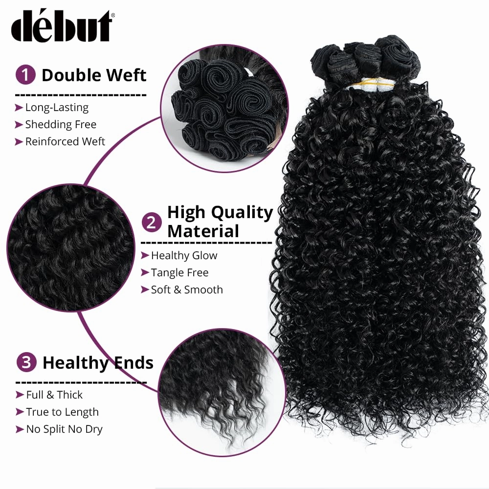 DÉBUT Jerry Curl Synthetic Hair 9 Bundles 1B 16 18 20 Inches Tight Curly High Temperature Hair Weave Natural 1B Black Color 9Pcs 300g (16" 18" 20") x3