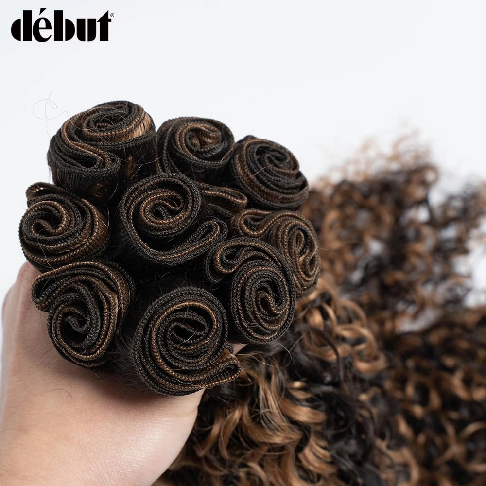 DÉBUT Jerry Curl Synthetic Hair 9 Bundles Brown Mixed Blonde 16 18 20 Inches Tight Curly High Temperature Hair Weave 9Pcs 300g 16" 16" 18" 18" 20" 20"