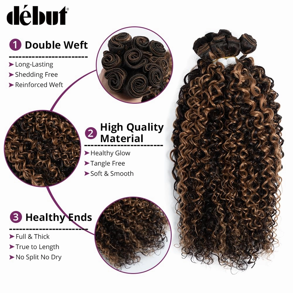 DÉBUT Jerry Curl Synthetic Hair 9 Bundles Brown Mixed Blonde 16 18 20 Inches Tight Curly High Temperature Hair Weave 9Pcs 300g 16" 16" 18" 18" 20" 20"