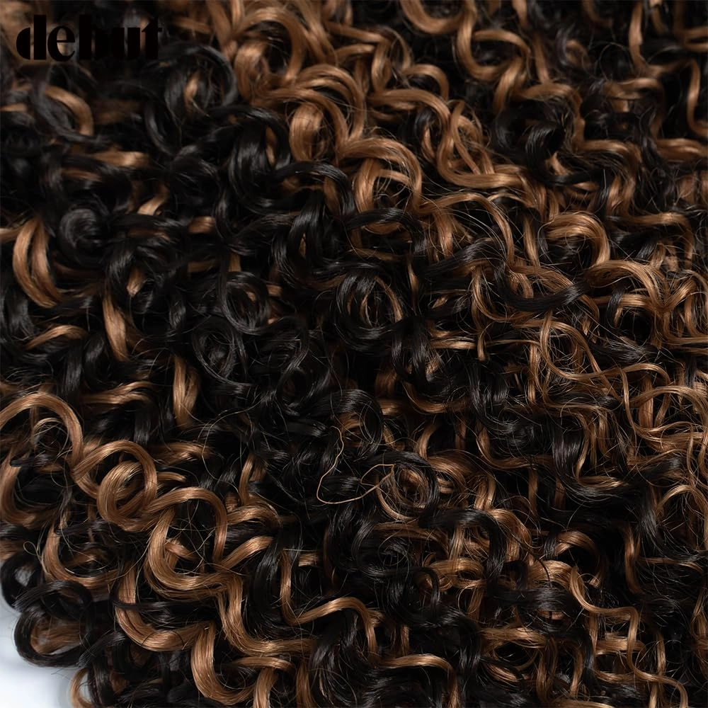 DÉBUT Jerry Curl Synthetic Hair 9 Bundles Brown Mixed Blonde 16 18 20 Inches Tight Curly High Temperature Hair Weave 9Pcs 300g 16" 16" 18" 18" 20" 20"