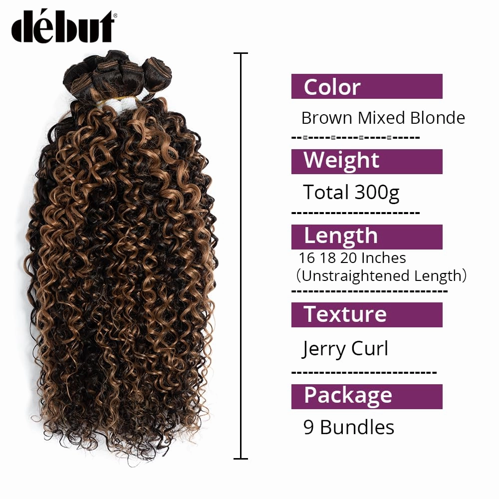 DÉBUT Jerry Curl Synthetic Hair 9 Bundles Brown Mixed Blonde 16 18 20 Inches Tight Curly High Temperature Hair Weave 9Pcs 300g 16" 16" 18" 18" 20" 20"