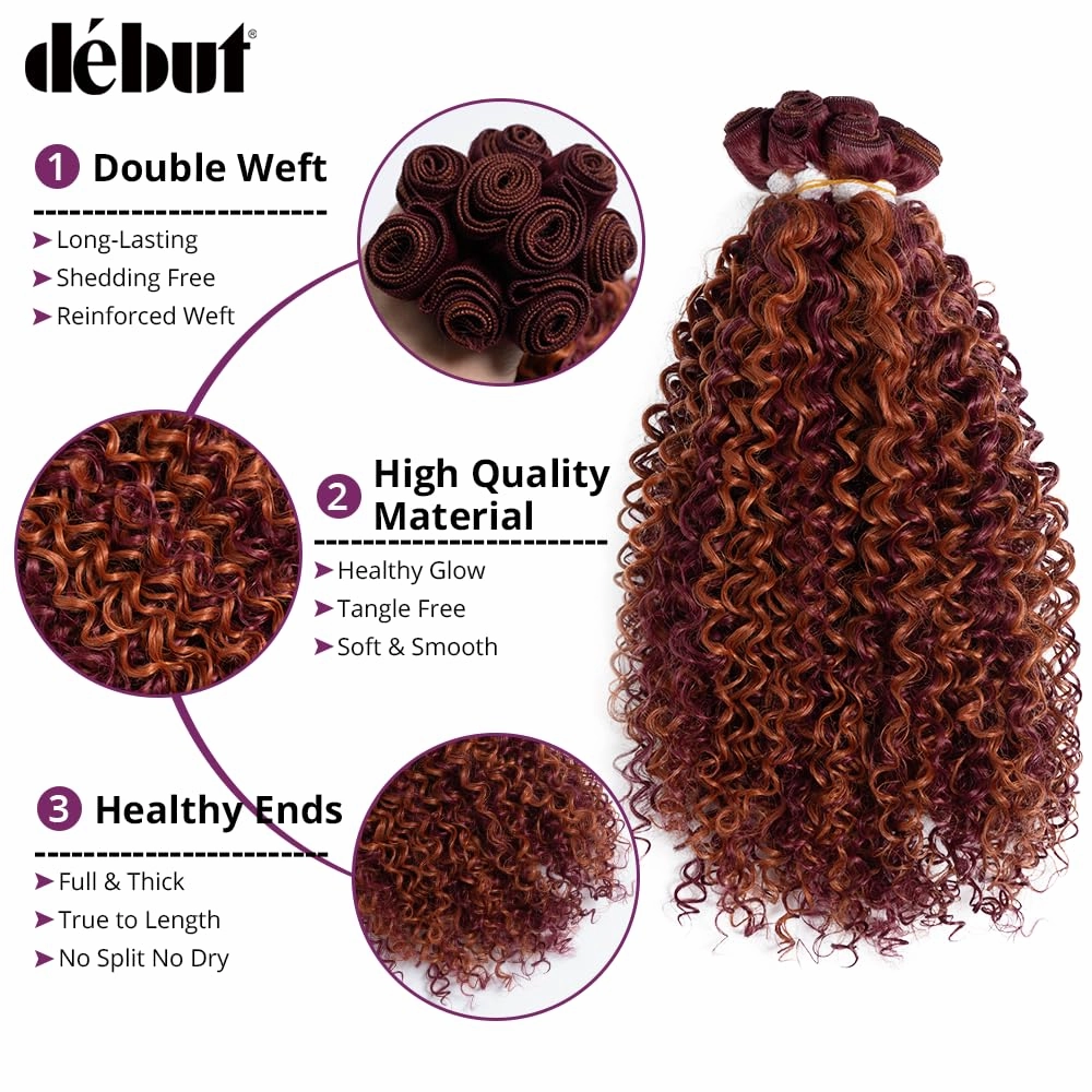 DÉBUT Jerry Curl Synthetic Hair 9 Bundles, Burgundy Mixed Ginger 16 18 20 Inches Tight Curly, High Temperature Hair Weave 9Pcs 300g 16" 16" 18" 18" 20" 20"