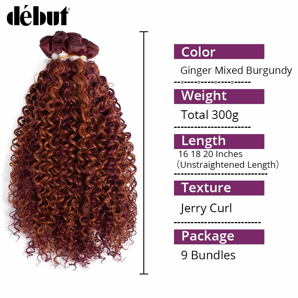 DÉBUT Jerry Curl Synthetic Hair 9 Bundles, Burgundy Mixed Ginger 16 18 20 Inches Tight Curly, High Temperature Hair Weave 9Pcs 300g 16" 16" 18" 18" 20" 20"
