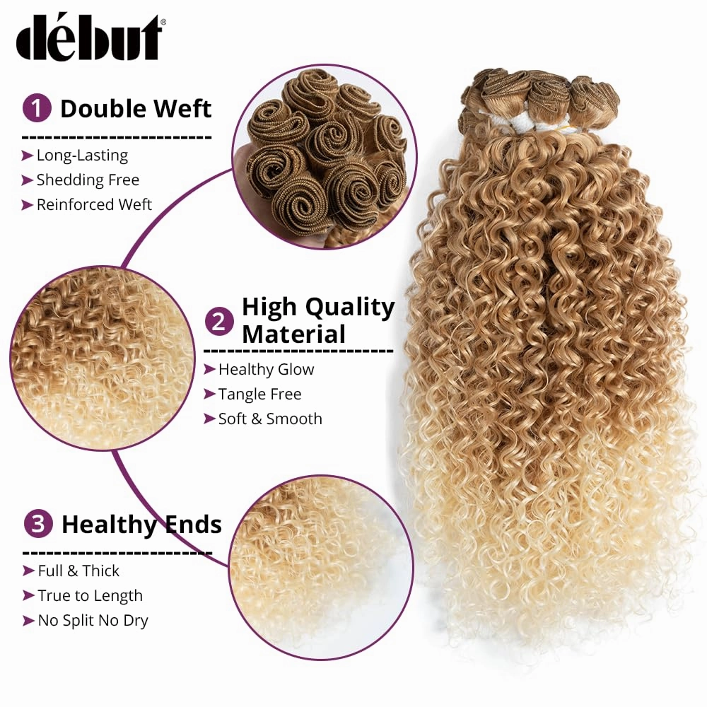 DÉBUT Jerry Curl Synthetic Hair 9 Bundles Ombre Blonde 16 18 20 Inches Tight Curly High Temperature Hair Weave 9Pcs 300g 16" 16" 18" 18" 20" 20" Gradient Blond Color