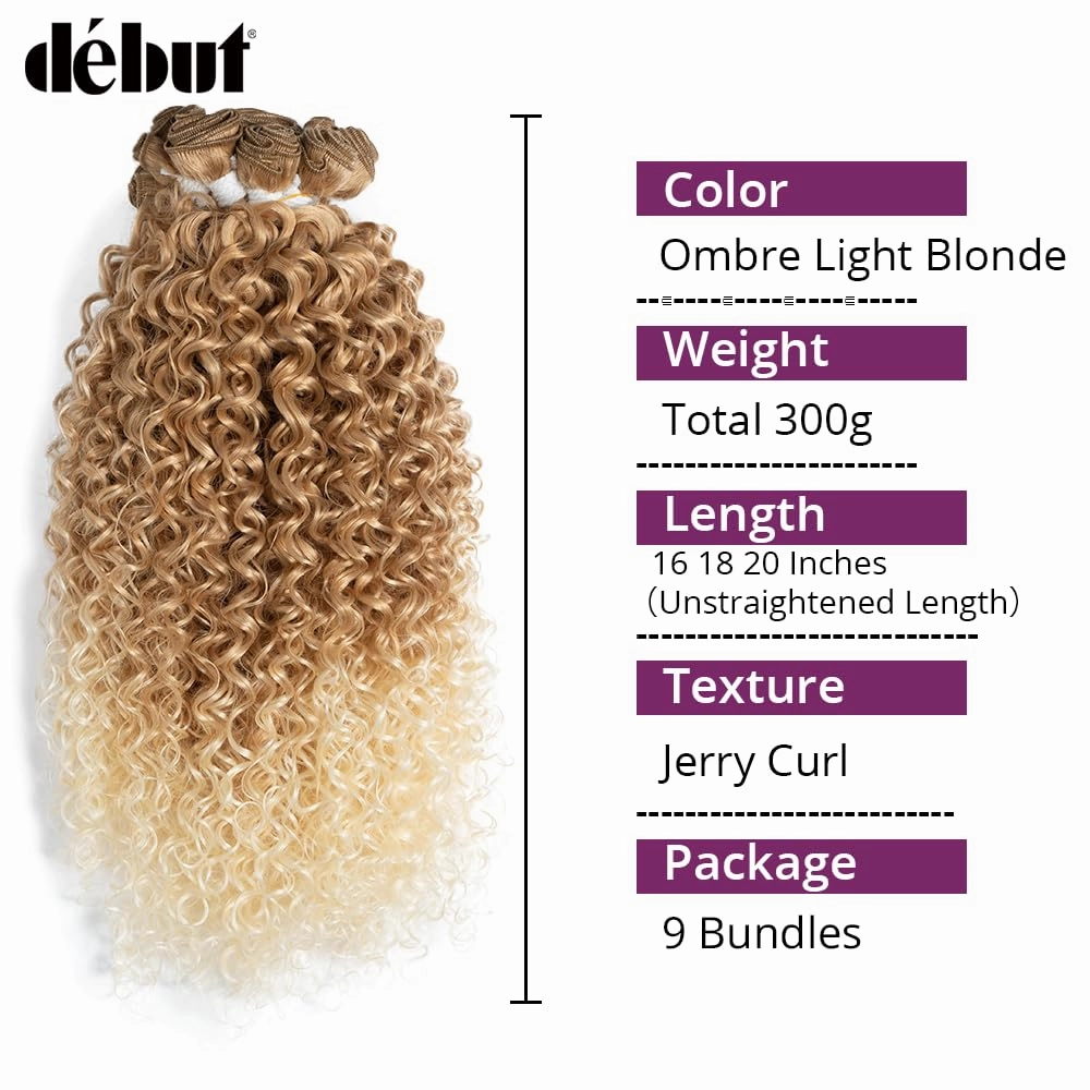 DÉBUT Jerry Curl Synthetic Hair 9 Bundles Ombre Blonde 16 18 20 Inches Tight Curly High Temperature Hair Weave 9Pcs 300g 16" 16" 18" 18" 20" 20" Gradient Blond Color