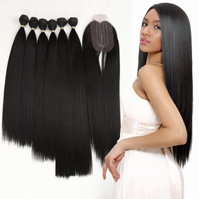 DÉBUT Synthetic Hair 6 Bundles with Simple Closure Yaki Straight Weave Heat Resistant Kinky Straight 7pcs High Temperature Fiber 16 18 20 Inch 250g for Full Head 1B Black