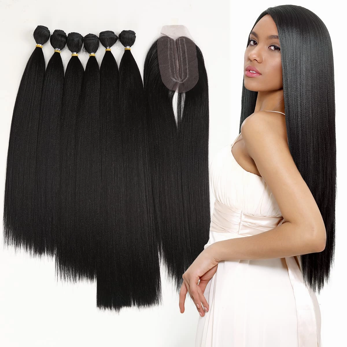 DÉBUT Synthetic Hair 6 Bundles with Simple Closure Yaki Straight Weave Heat Resistant Kinky Straight 7pcs High Temperature Fiber 16 18 20 Inch 250g for Full Head 1B Black