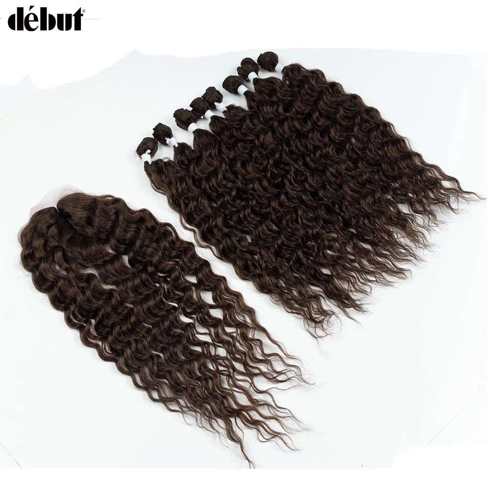 DÉBUT Synthetic Hair 8 Bundles with Simple Closure Water Wave High Temperature Fiber Wavy Hair Weave 9PCS 20 Inches 240G Brown