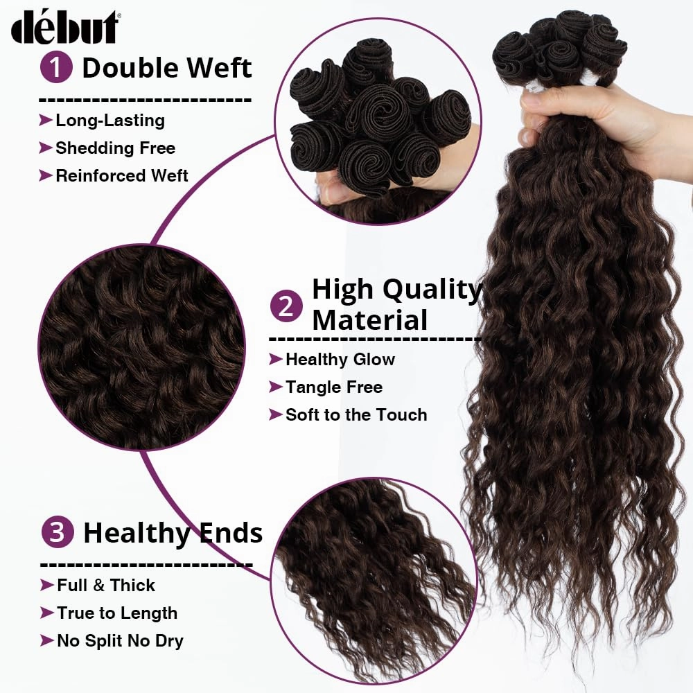 DÉBUT Synthetic Hair 8 Bundles with Simple Closure Water Wave High Temperature Fiber Wavy Hair Weave 9PCS 20 Inches 240G Brown