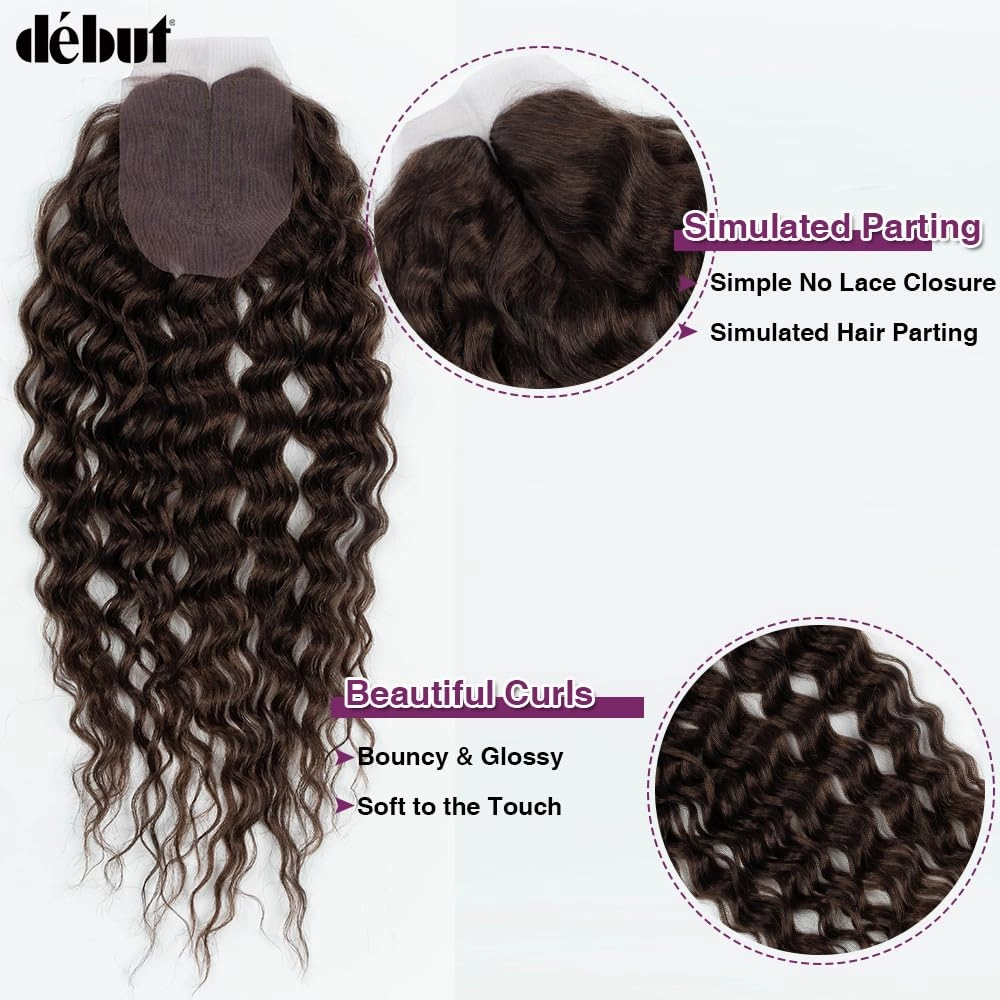 DÉBUT Synthetic Hair 8 Bundles with Simple Closure Water Wave High Temperature Fiber Wavy Hair Weave 9PCS 20 Inches 240G Brown