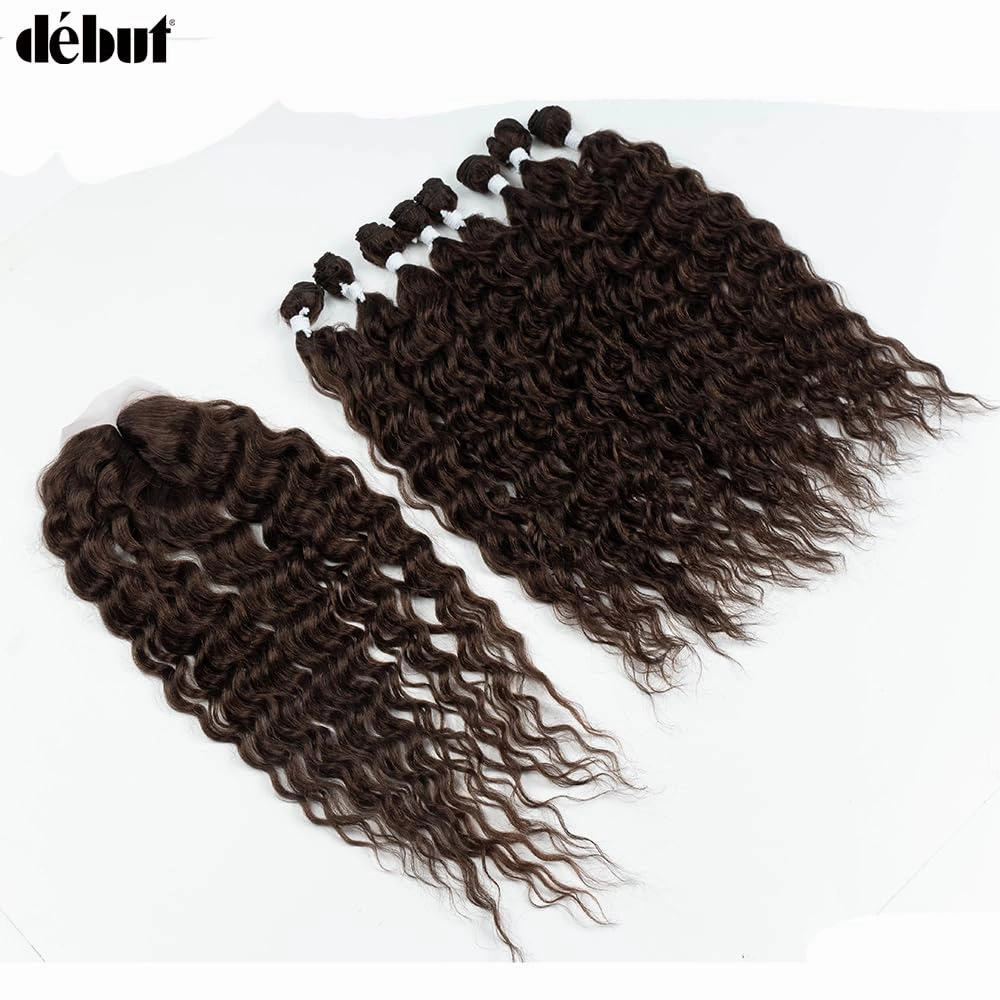 DÉBUT Synthetic Hair 8 Bundles with Simple Closure Water Wave High Temperature Fiber Wavy Hair Weave 9PCS 20 Inches 240G Brown