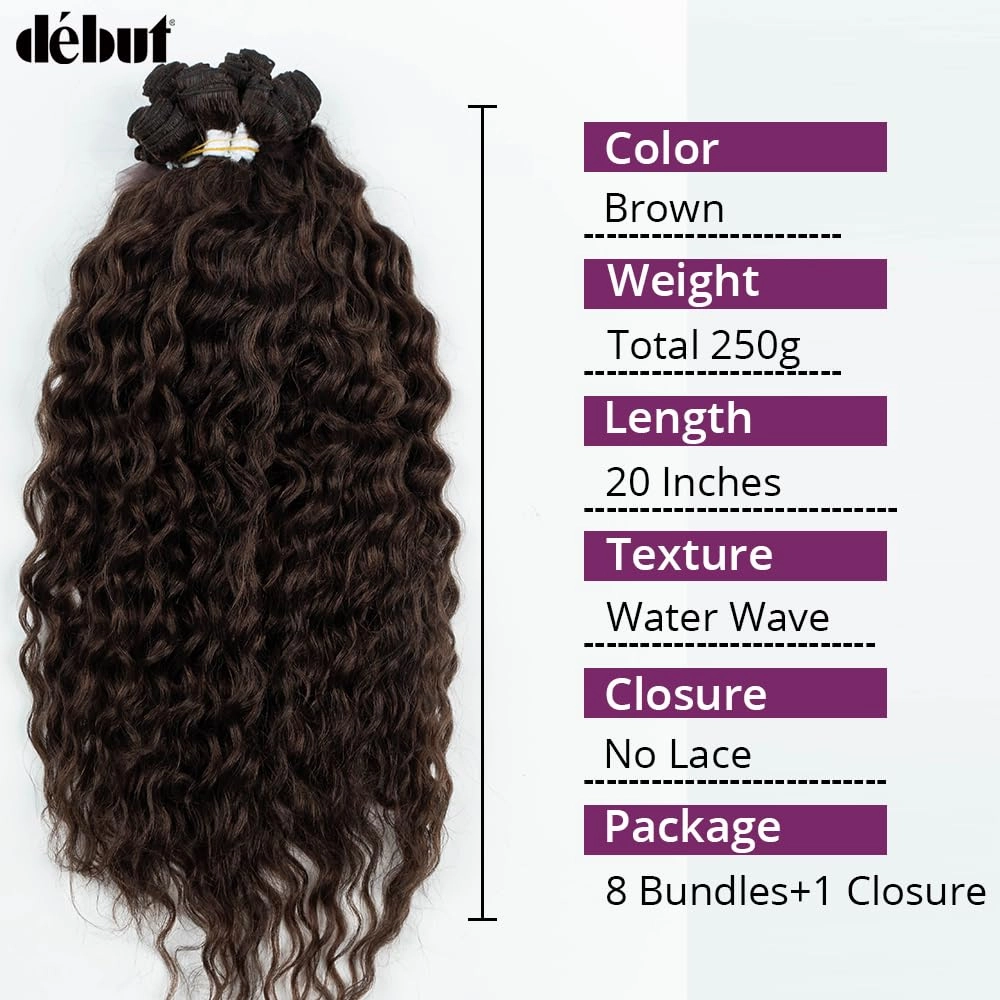DÉBUT Synthetic Hair 8 Bundles with Simple Closure Water Wave High Temperature Fiber Wavy Hair Weave 9PCS 20 Inches 240G Brown