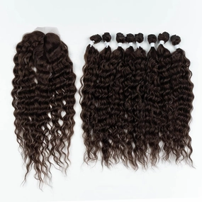 DÉBUT Synthetic Hair 8 Bundles with Simple Closure Water Wave High Temperature Fiber Wavy Hair Weave 9PCS 20 Inches 240G Brown