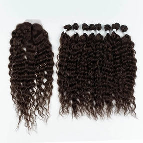 DÉBUT Synthetic Hair 8 Bundles with Simple Closure Water Wave High Temperature Fiber Wavy Hair Weave 9PCS 20 Inches 240G Brown