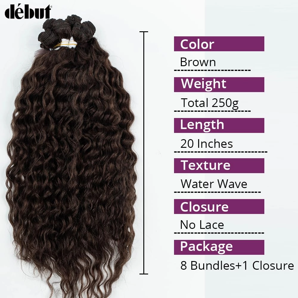 DÉBUT Synthetic Hair 8 Bundles with Simple Closure Water Wave High Temperature Fiber Wavy Hair Weave 9PCS 20 Inches 240G Brown