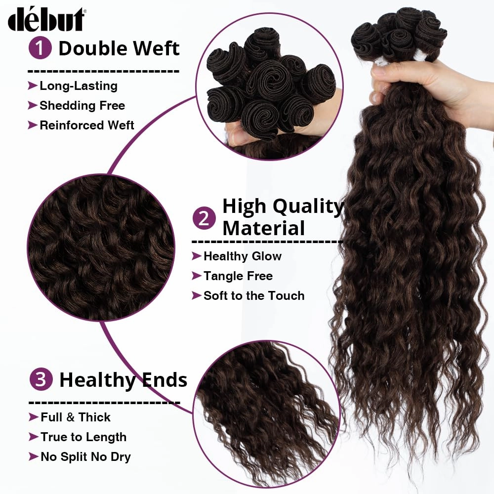 DÉBUT Synthetic Hair 8 Bundles with Simple Closure Water Wave High Temperature Fiber Wavy Hair Weave 9PCS 20 Inches 240G Brown
