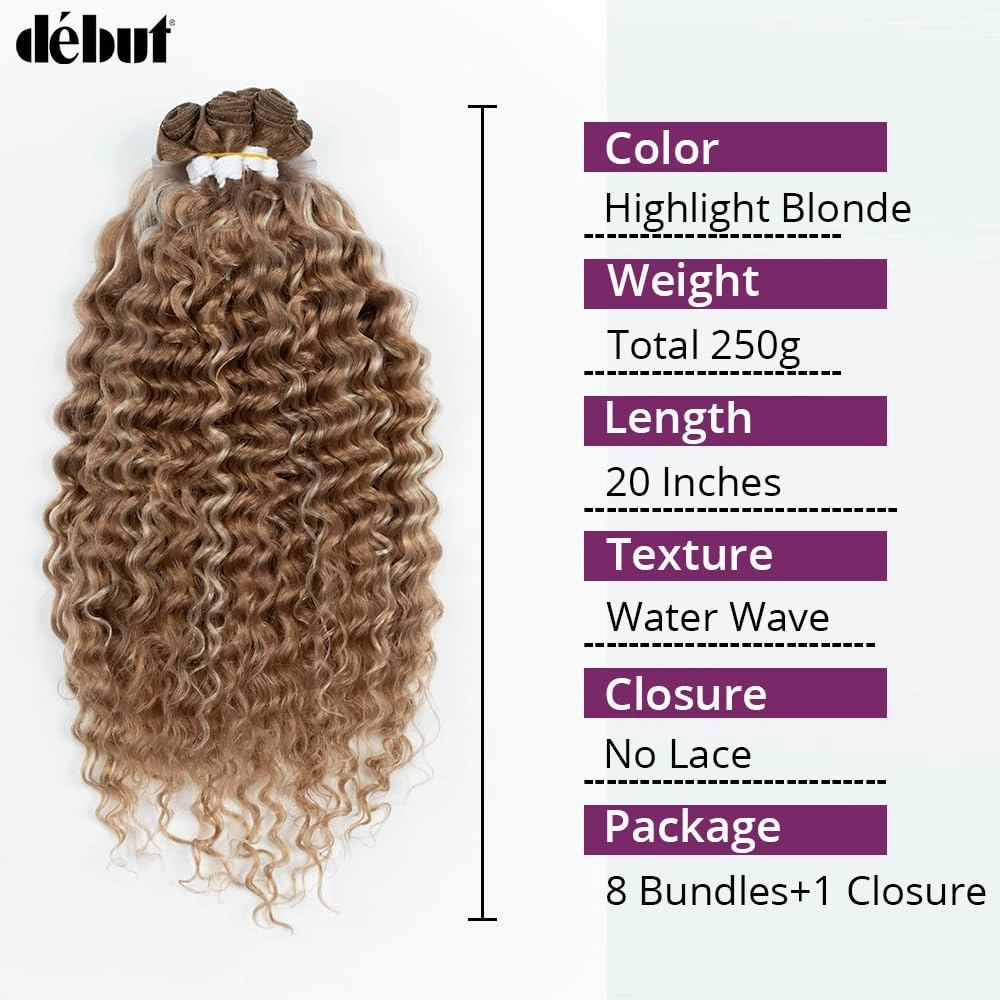 DÉBUT Synthetic Hair 8 Bundles with Simple Closure Water Wave High Temperature Fiber Wavy Hair Weave 9PCS 20 Inches Highlight Blonde 240G