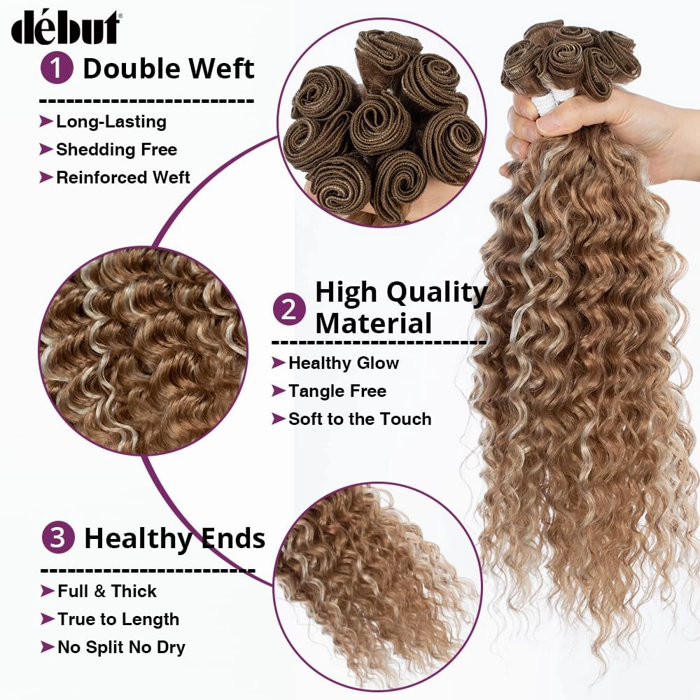 DÉBUT Synthetic Hair 8 Bundles with Simple Closure Water Wave High Temperature Fiber Wavy Hair Weave 9PCS 20 Inches Highlight Blonde 240G