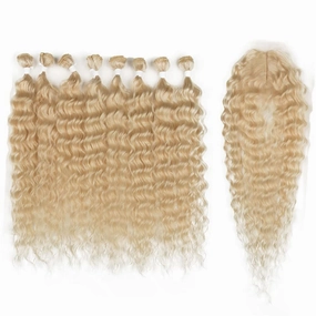 DÉBUT Water Wave 8 Bundles with Simple Closure Wavy Synthetic High Temperature Fiber Hair Weave 9PCS 20 Inch 240g (TFC2: Blonde Color)