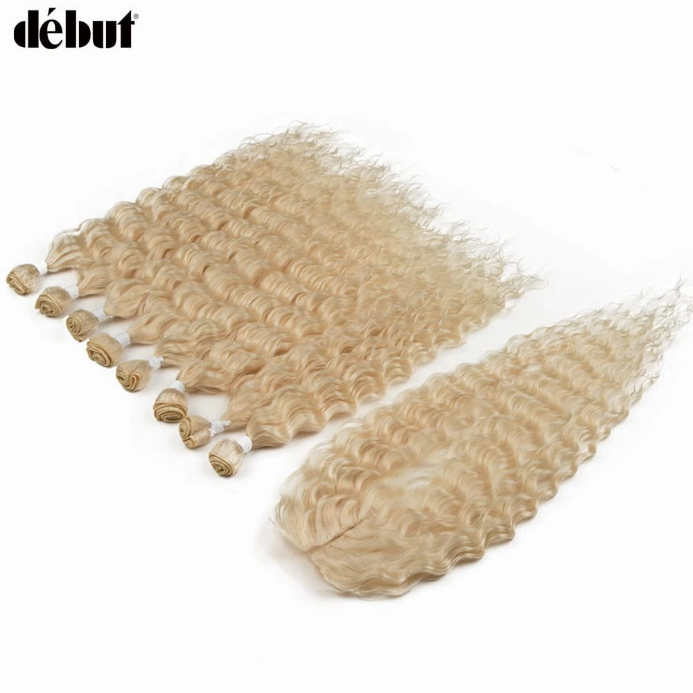 DÉBUT Water Wave 8 Bundles with Simple Closure Wavy Synthetic High Temperature Fiber Hair Weave 9PCS 20 Inch 240g (TFC2: Blonde Color)