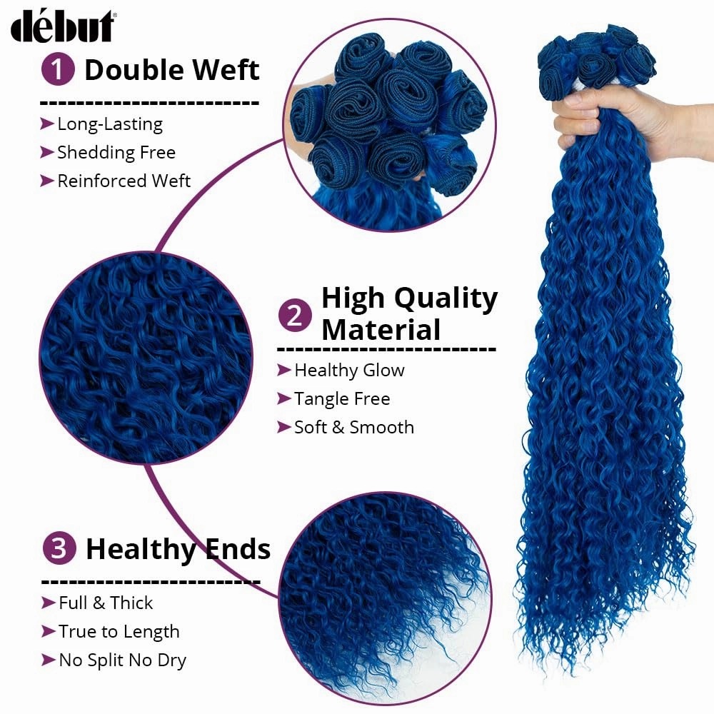 DÉBUT Water Wave 9 Bundles Synthetic Hair Weave Curly Hair High Temperature Fiber Bio Protein Hair 9pcs 22 24 26 Inch 320g for Full Head Blue Color