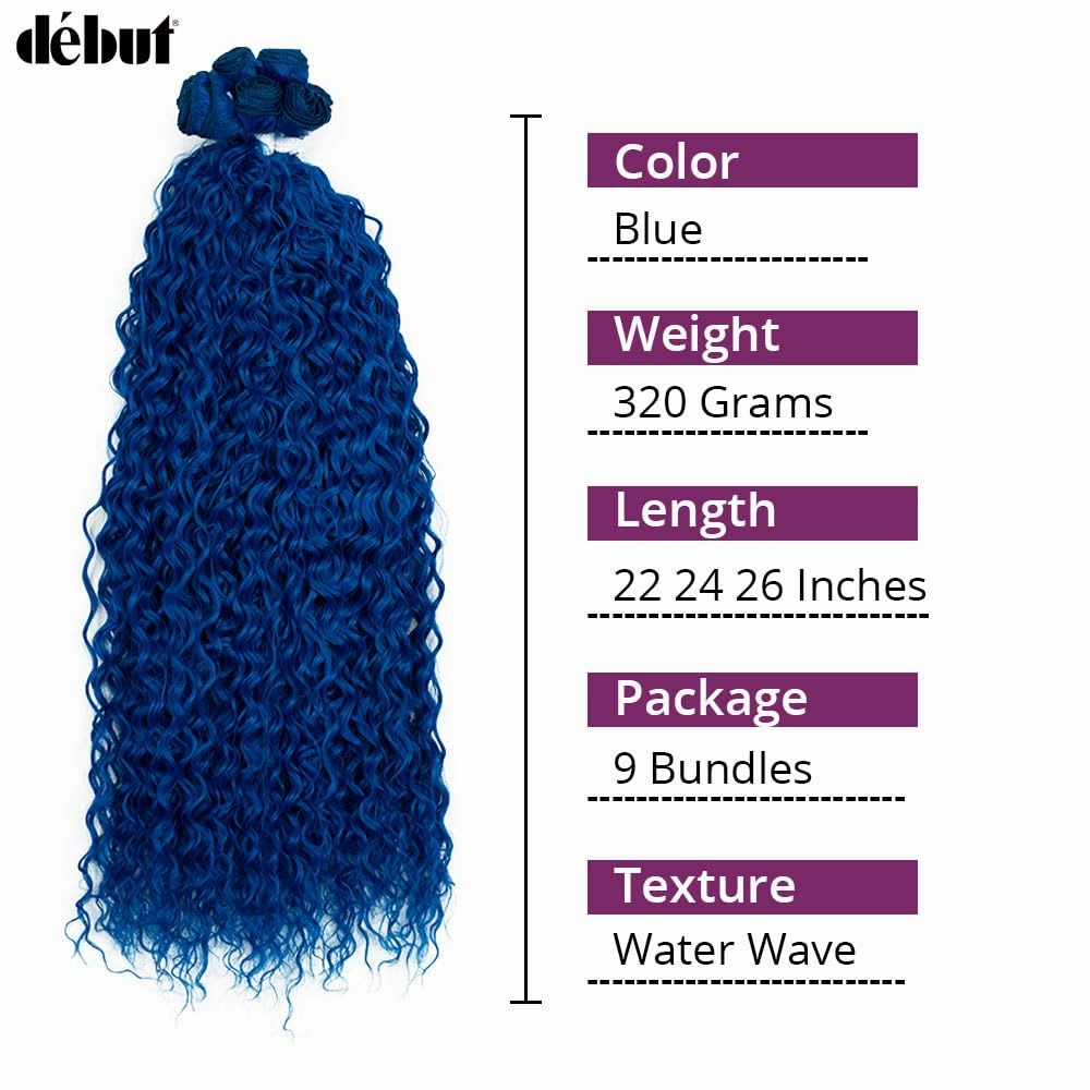 DÉBUT Water Wave 9 Bundles Synthetic Hair Weave Curly Hair High Temperature Fiber Bio Protein Hair 9pcs 22 24 26 Inch 320g for Full Head Blue Color