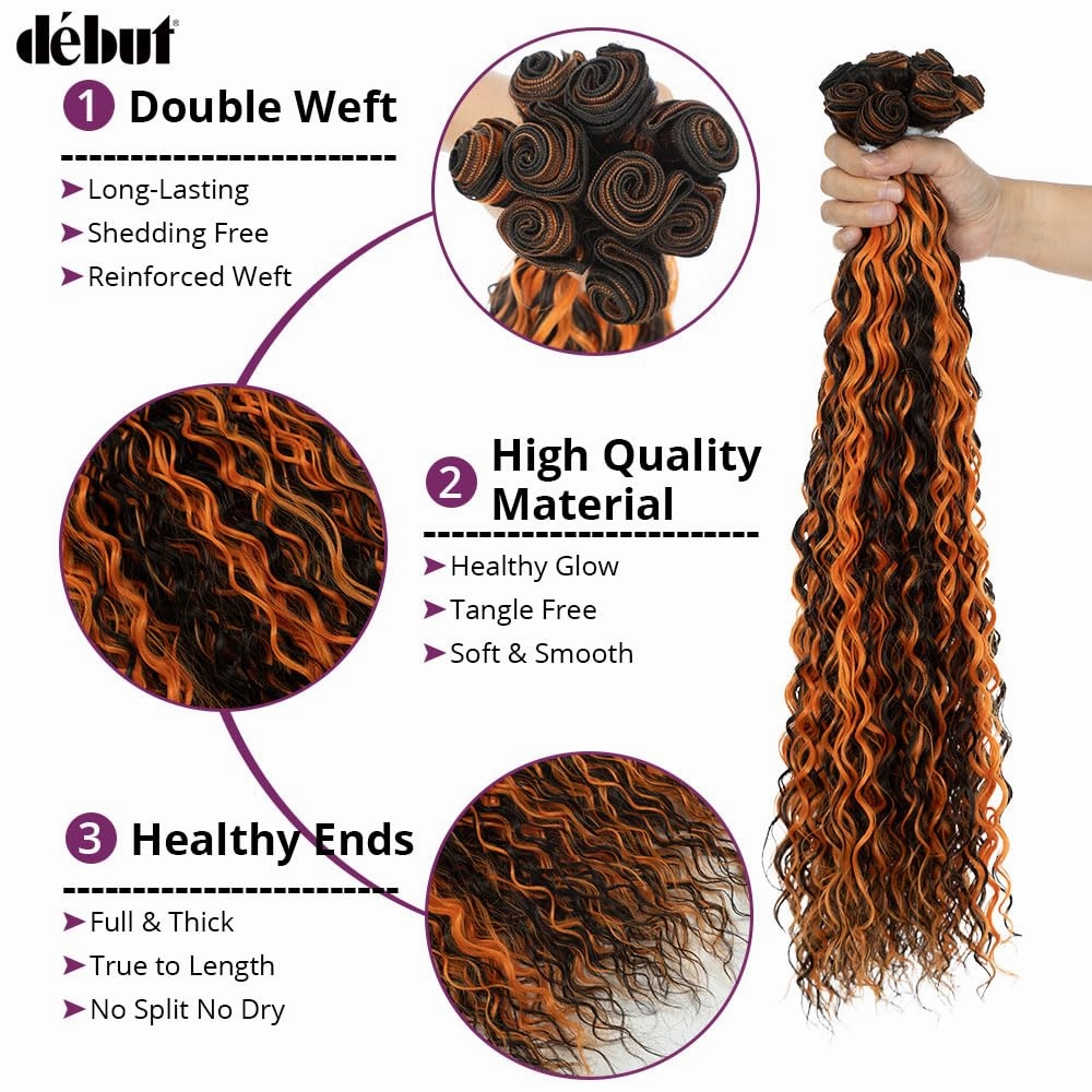 DÉBUT Water Wave 9 Bundles Synthetic Hair Weave Curly Hair High Temperature Fiber Bio Protein Hair 9pcs 22 24 26 Inch 320g for Full Head Highlight Brown Orange