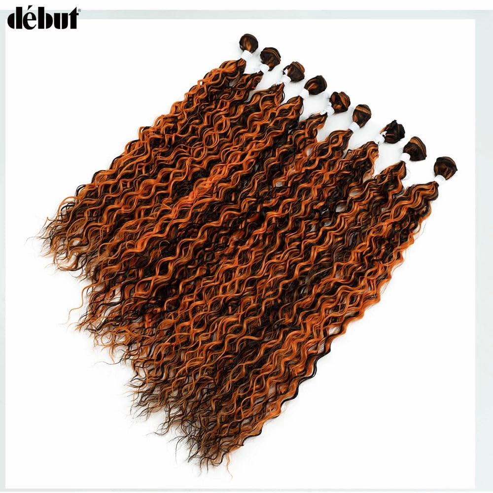 DÉBUT Water Wave 9 Bundles Synthetic Hair Weave Curly Hair High Temperature Fiber Bio Protein Hair 9pcs 22 24 26 Inch 320g for Full Head Highlight Brown Orange