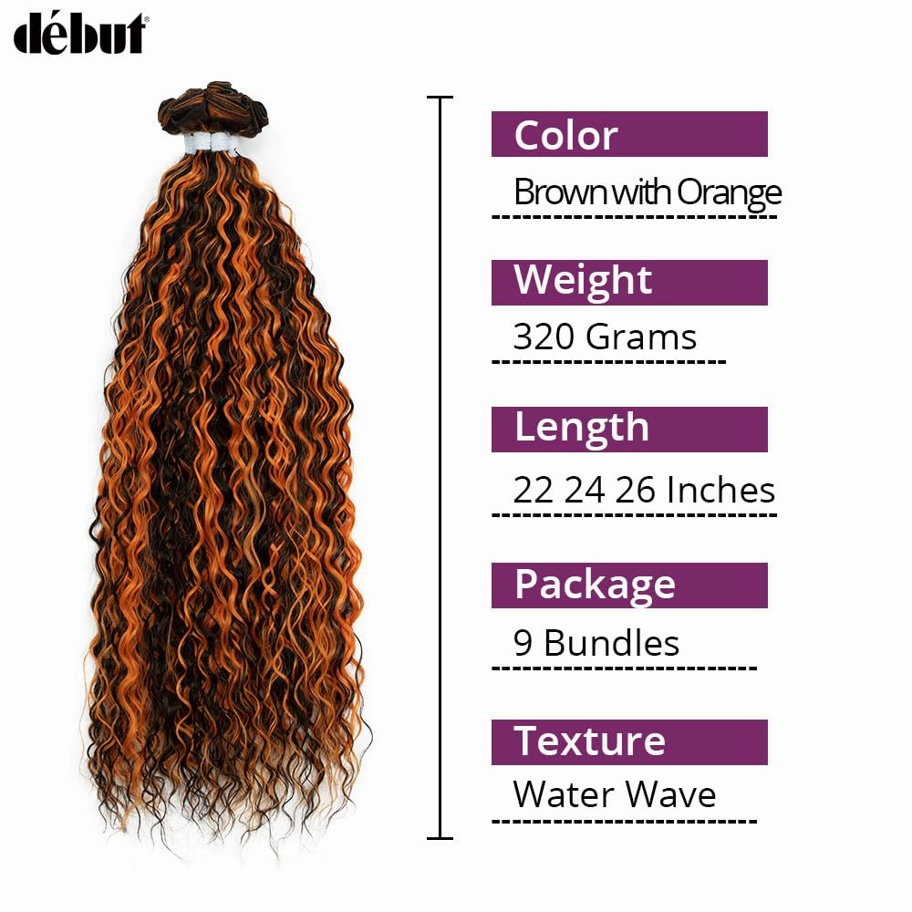 DÉBUT Water Wave 9 Bundles Synthetic Hair Weave Curly Hair High Temperature Fiber Bio Protein Hair 9pcs 22 24 26 Inch 320g for Full Head Highlight Brown Orange