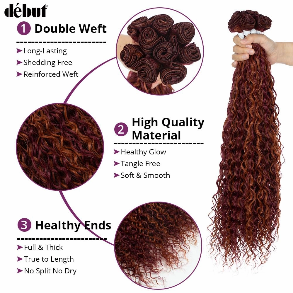 DÉBUT Water Wave 9 Bundles Synthetic Hair Weave Curly Hair High Temperature Fiber Bio Protein Hair 9pcs 22 24 26 Inch 320g for Full Head Highlight Dark Red with Ginger