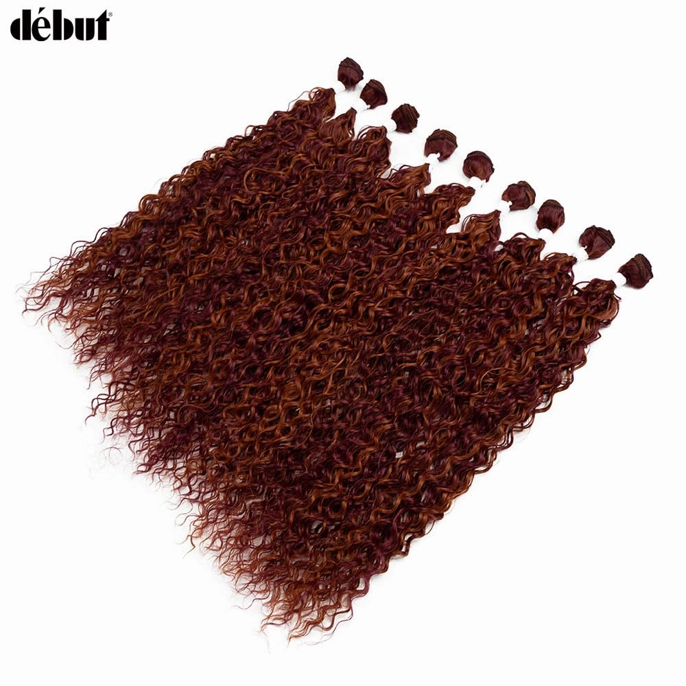DÉBUT Water Wave 9 Bundles Synthetic Hair Weave Curly Hair High Temperature Fiber Bio Protein Hair 9pcs 22 24 26 Inch 320g for Full Head Highlight Dark Red with Ginger