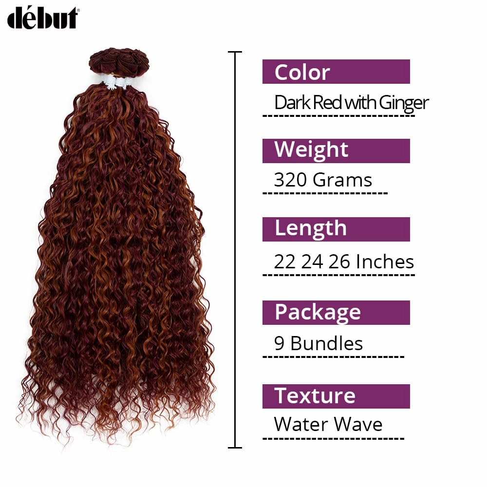 DÉBUT Water Wave 9 Bundles Synthetic Hair Weave Curly Hair High Temperature Fiber Bio Protein Hair 9pcs 22 24 26 Inch 320g for Full Head Highlight Dark Red with Ginger