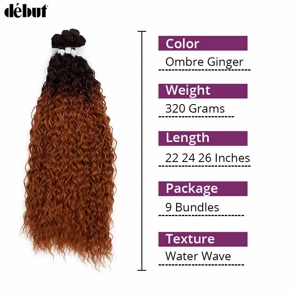 DÉBUT Water Wave 9 Bundles Synthetic Hair Weave Curly Hair High Temperature Fiber Bio Protein Hair 9pcs 22 24 26 Inch 320g for Full Head Ombre Ginger