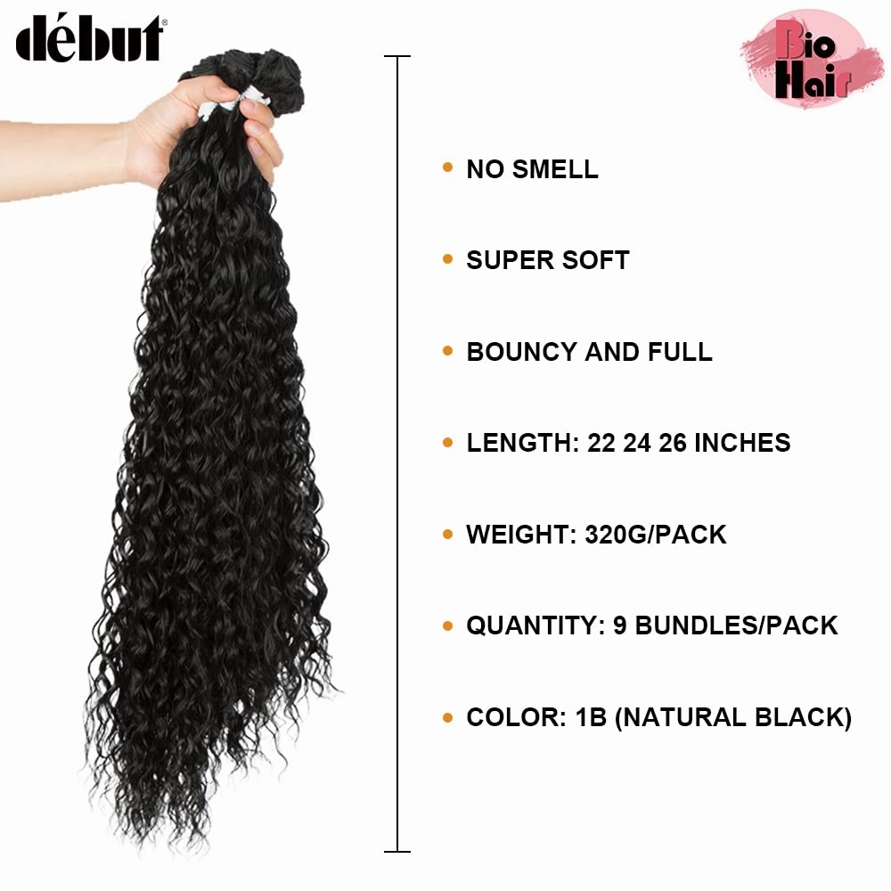 DÉBUT Water Wave 9 Bundles Synthetic Hair Weave High Temperature Fiber Bio Protein Hair 9pcs 22 24 26 Inch 320g for Full Head Natural Black