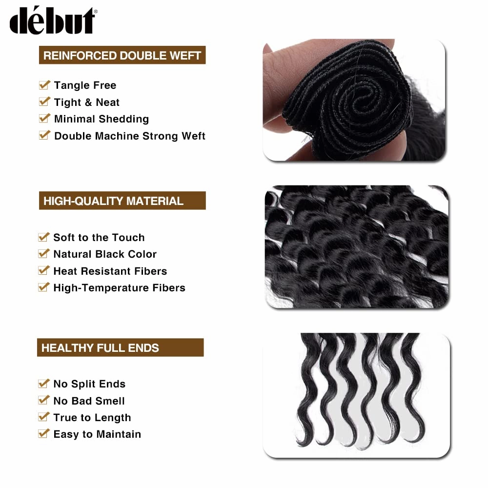 DÉBUT Wavy Long Synthetic Hair 6 Bundles with Easy Closure Body Wave High Temperature Fiber Hair Weave 7PCS 320g 1B Color