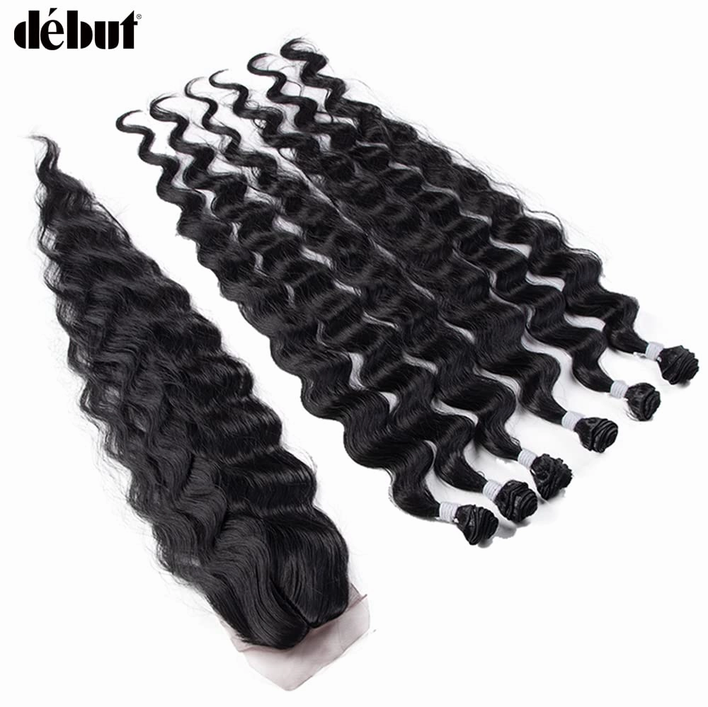 DÉBUT Wavy Long Synthetic Hair 6 Bundles with Easy Closure Body Wave High Temperature Fiber Hair Weave 7PCS 320g 1B Color