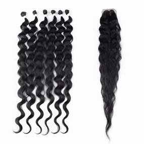 DÉBUT Wavy Long Synthetic Hair 6 Bundles with Easy Closure Body Wave High Temperature Fiber Hair Weave 7PCS 320g 1B Color