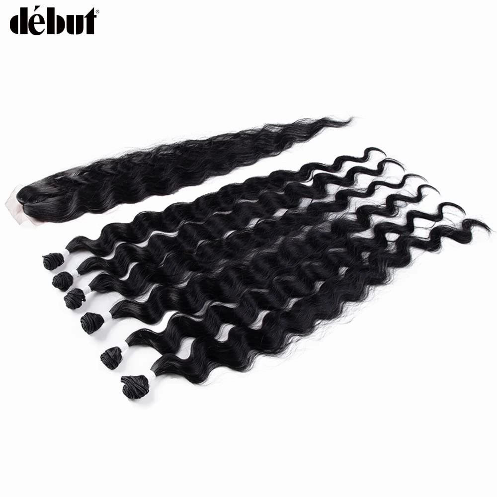 DÉBUT Wavy Long Synthetic Hair 6 Bundles with Easy Closure Body Wave High Temperature Fiber Hair Weave 7PCS 320g 1B Color