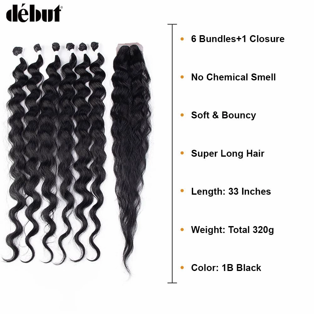 DÉBUT Wavy Long Synthetic Hair 6 Bundles with Easy Closure Body Wave High Temperature Fiber Hair Weave 7PCS 320g 1B Color