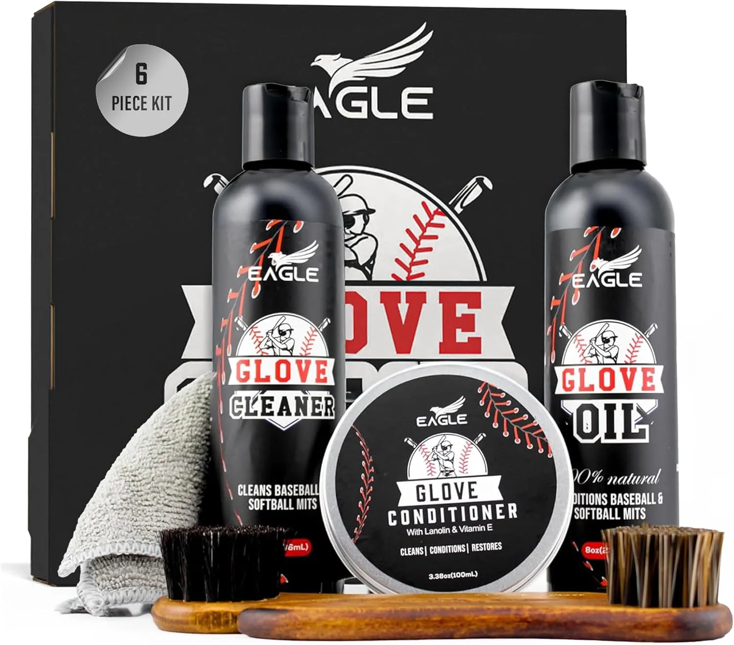 Eagle Baseball Glove Care Kit – Leather Glove Cleaner (8oz), Glove Oil (8oz), Glove Conditioner (3.38oz), 2 Applicators & Microfiber Cloth – Full Baseball & Softball Glove Maintenance Kit