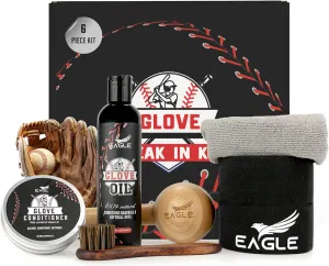 Eagle Glove Break in Kit - Glove Oil (8.45oz), Conditioner (3.38oz), Wrap, Mallet, Applicator & Cloth, 6-Pieces Set for Baseball Gloves, Softball Gloves