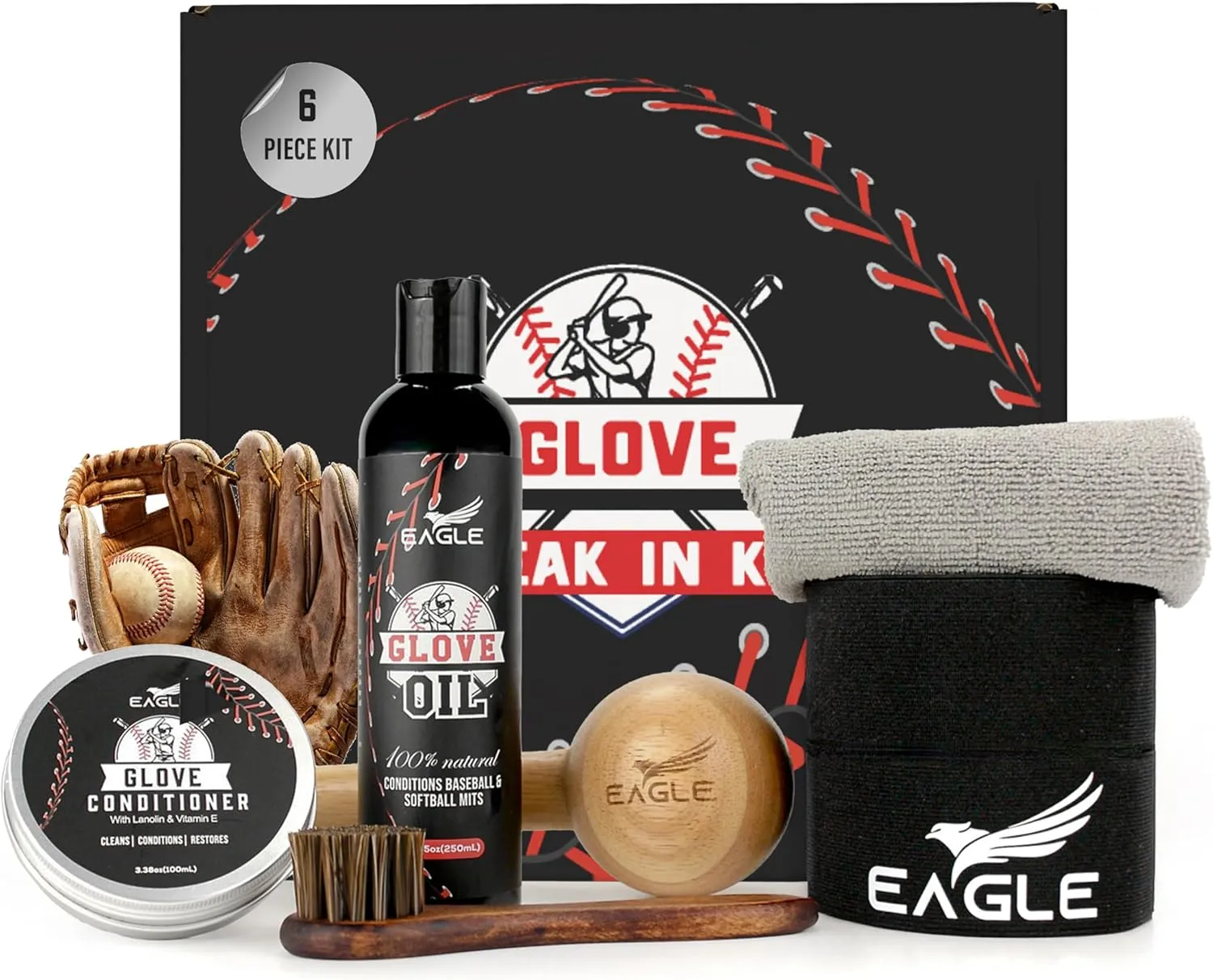 Eagle Glove Break in Kit - Glove Oil (8.45oz), Conditioner (3.38oz), Wrap, Mallet, Applicator & Cloth, 6-Pieces Set for Baseball Gloves, Softball Gloves