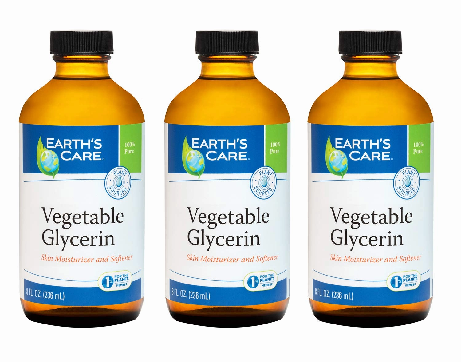 Earth's Care Vegetable Glycerin, 100% Pure Liquid Glycerine for Hair, Skin and DIY Projects 8 FL. OZ. (3 Bottles)