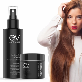 Earth Vibes Natural Hair Detangler Bundle With Argan Oil Hair Mask Conditioner - Deep Moisture for Dry, Damaged Hair Infused With Organic Jojoba, Avocado, and Coconut Oils, Color-Safe & Paraben-Free