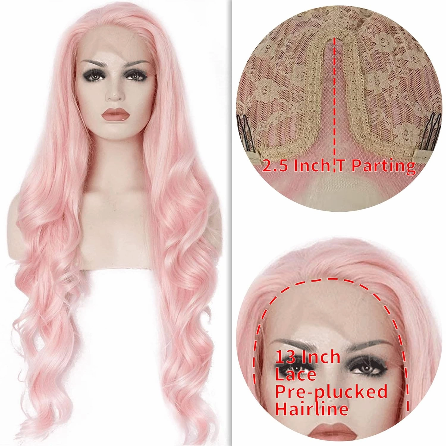 Ebingoo 26 Inch Pink Lace Front Wig for Women   Wig Cap Long Pink Wig Lace Front Long Wavy Middle Part Wig Natural Curly Wig Synthetic Hair for Daily Wear