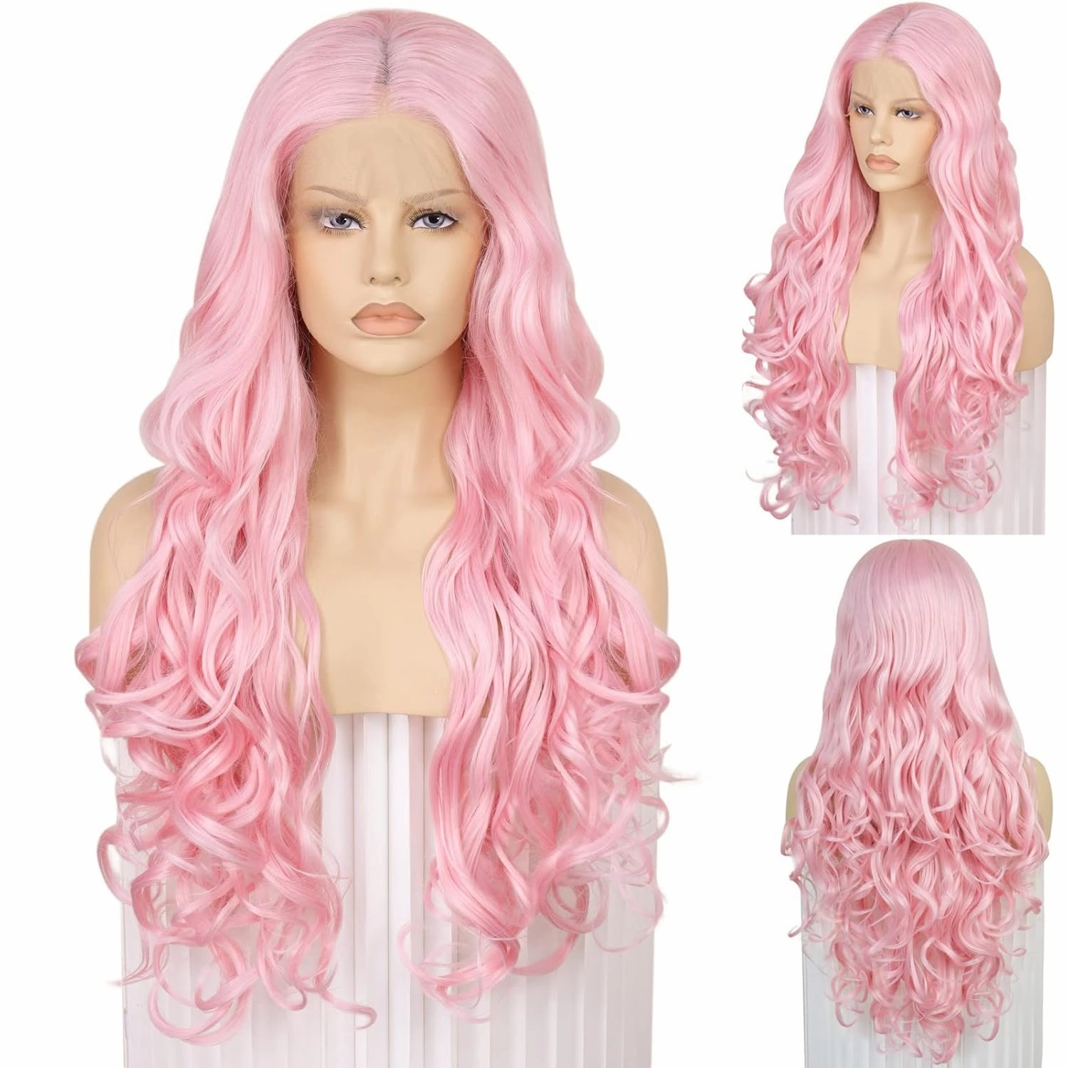 Ebingoo 26 Inch Pink Lace Front Wig for Women   Wig Cap Long Pink Wig Lace Front Long Wavy Middle Part Wig Natural Curly Wig Synthetic Hair for Daily Wear