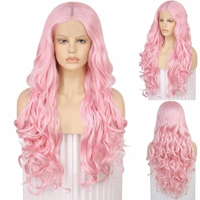 Ebingoo 26 Inch Pink Lace Front Wig for Women   Wig Cap Long Pink Wig Lace Front Long Wavy Middle Part Wig Natural Curly Wig Synthetic Hair for Daily Wear