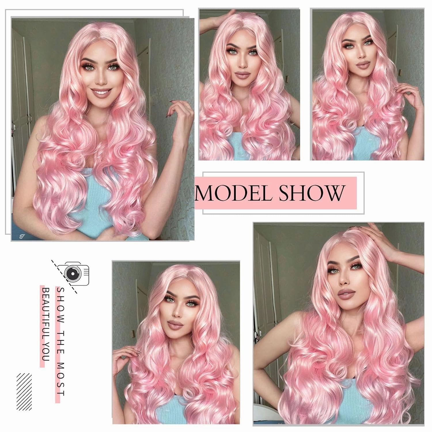 Ebingoo 26 Inch Pink Lace Front Wig for Women   Wig Cap Long Pink Wig Lace Front Long Wavy Middle Part Wig Natural Curly Wig Synthetic Hair for Daily Wear